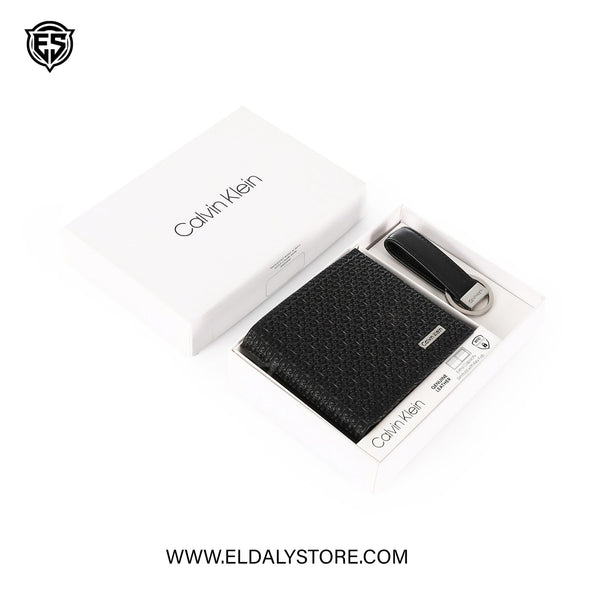 Calvin Klein Embossed Monogram Slimfold Wallet and Keychain Set