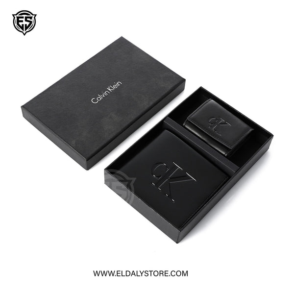 Calvin Klein Black Full Grain Leather Billfold Wallet & Keychain Pouch Set