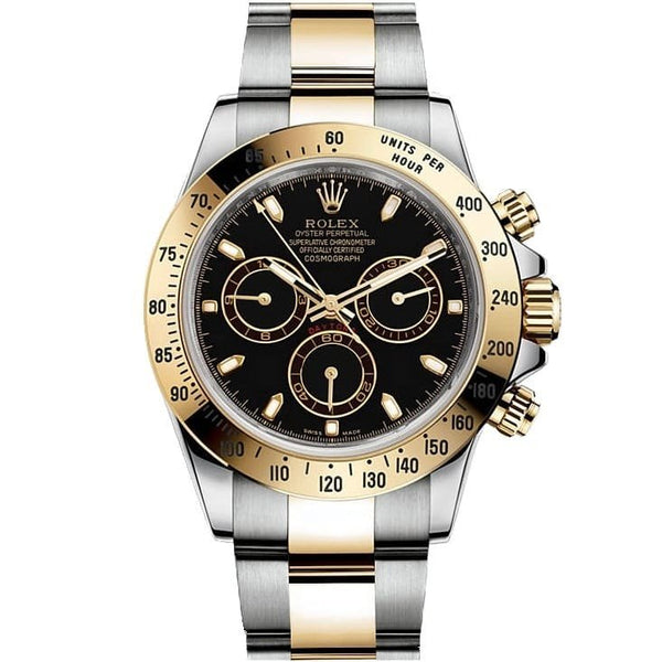 ROLEX PERPETUAL SUPERLATIVE CHRONOMETER OFFICIALLY CERTIFIED COSMOGRAPH DAYTONA WATCH BLACK WITH STAINLESS STEEL SILVER&GOLD BELT