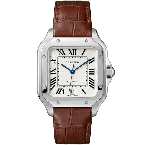 Cartier Men’s White Dial Square Watch with Brown Leather Strap