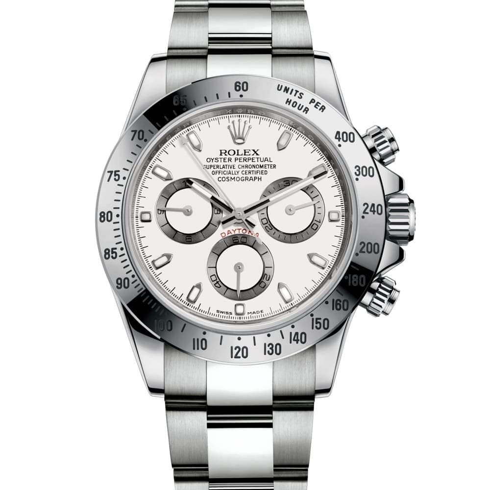 ROLEX PERPETUAL SUPERLATIVE CHRONOMETER OFFICIALLY CERTIFIED COSMOGRAPH DAYTONA WATCH WHITE WITH STAINLESS STEEL SILVER BELT