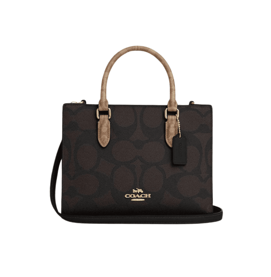 Coach Maggie Small Tote Bag In Blocked Signature Canvas Walnut Tan