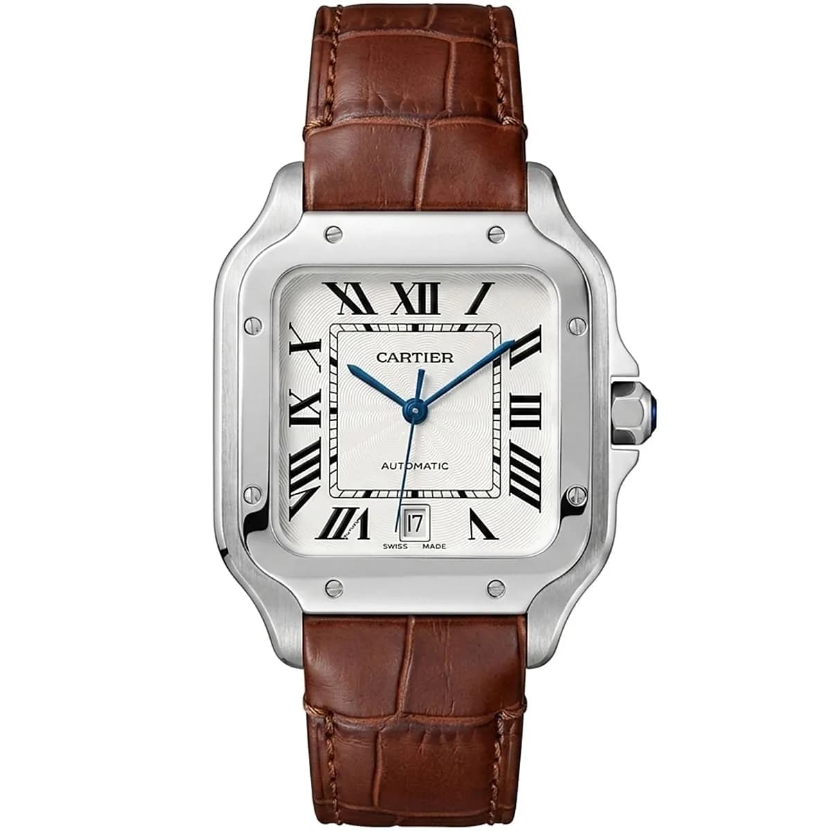 Cartier Men’s White Dial Square Watch with Brown Leather Strap