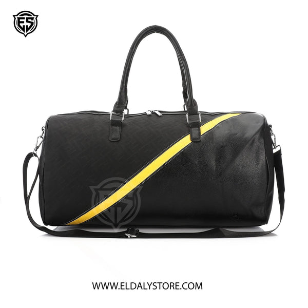 Fendi FF Monogram Travel Duffel Bag with Yellow Diagonal Stripe – Black