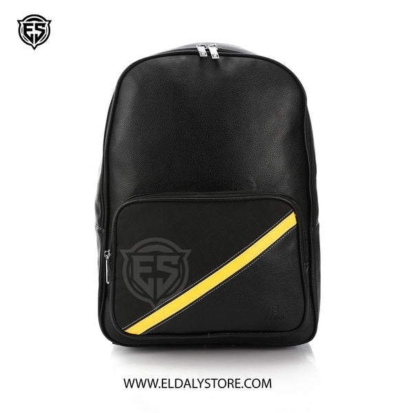 Fendi Black Pebbled Leather Backpack with Diagonal Yellow Stripe