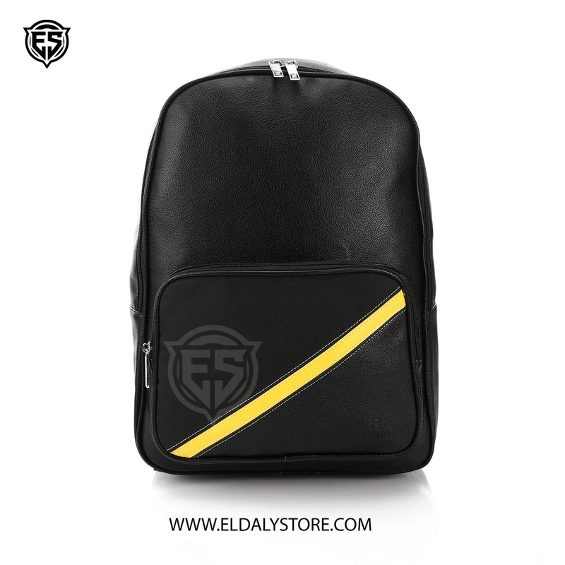 Fendi Black Pebbled Leather Backpack with Diagonal Yellow Stripe