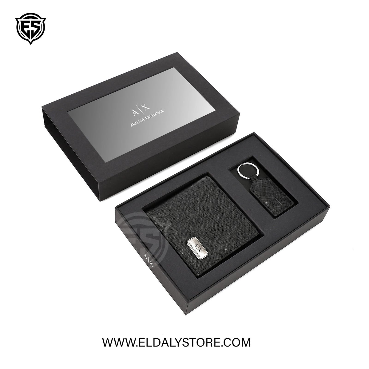 Armani Exchange A|X boxed set for men with wine-colored packaging, includes fragrance and grooming essentials.