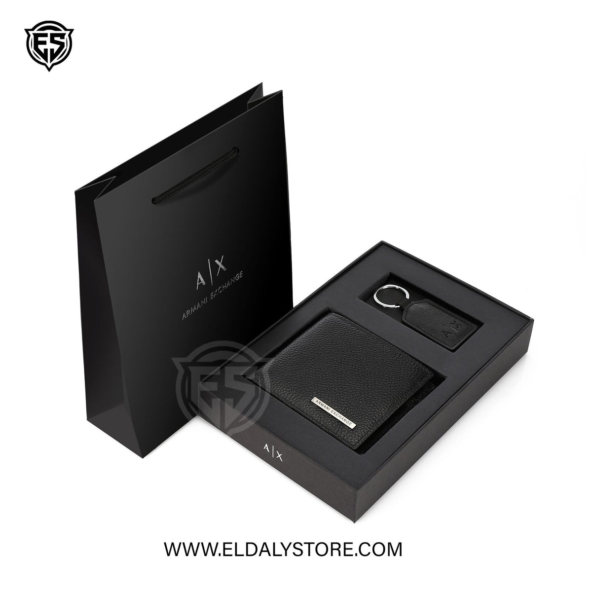 Armani Exchange A|X boxed set for men includes a bottle of wine and accessories, displayed in elegant packaging.