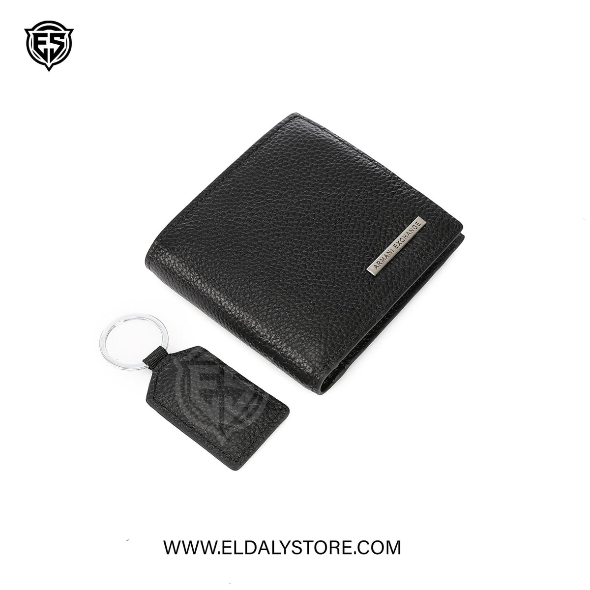 Armani Exchange A|X men's boxed set including a bottle of perfume and grooming essentials on a white background.