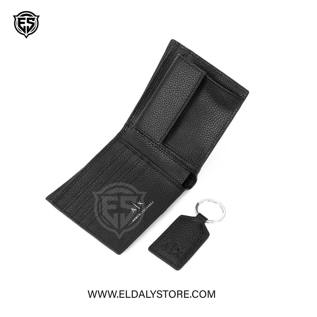 Armani Exchange A|X boxed set for men including a bottle of fragrance and grooming products arranged neatly.