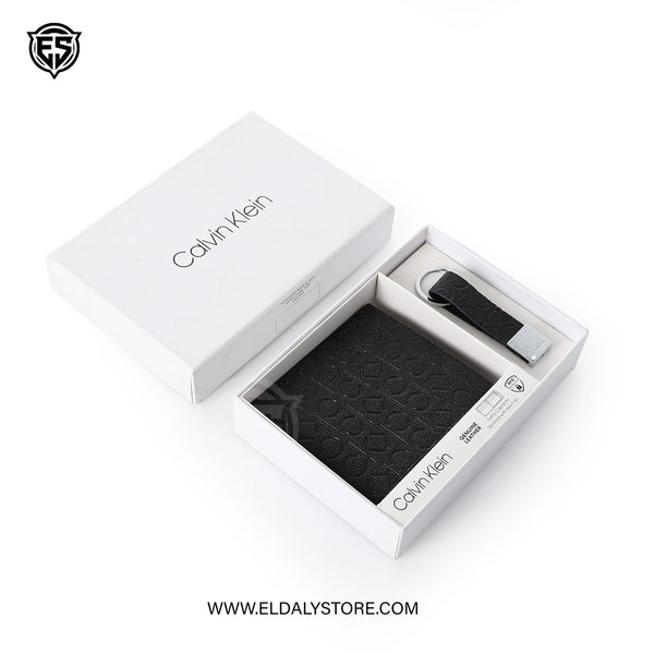 Calvin Klein Men’s Monogram Leather Bifold Wallet and Key Fob Set