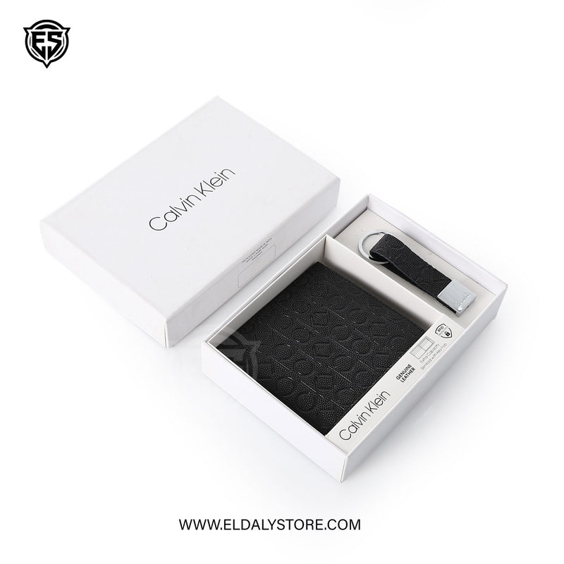 Calvin Klein Men’s Monogram Leather Bifold Wallet and Key Fob Set