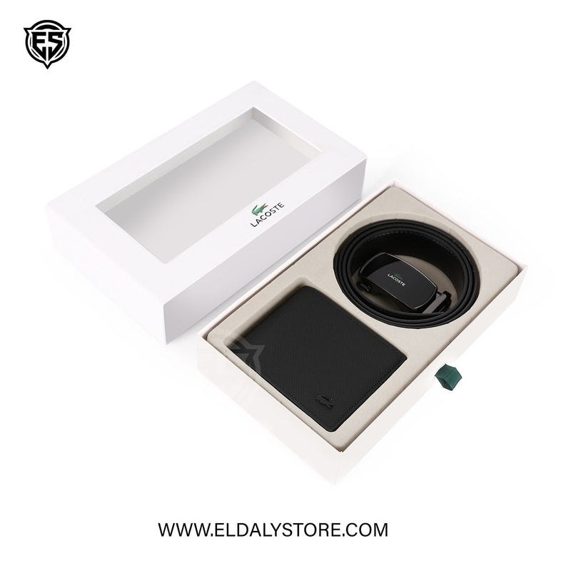 Lacoste Men’s Executive Set – Textured Leather Bi-Fold Wallet & Automatic Buckle Belt