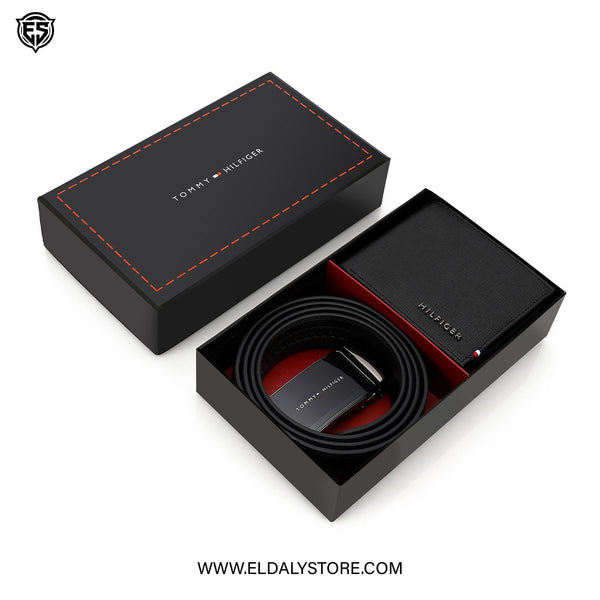Tommy Hilfiger Premium Leather Belt and Wallet Set – Matte Black Edition