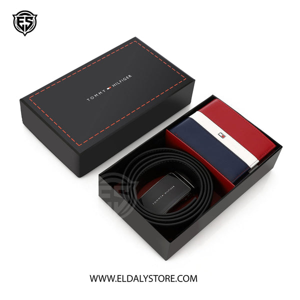 Tommy Hilfiger Signature Leather Belt & Tri-Tone Bifold Wallet Set