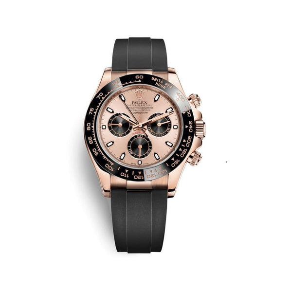 ROLEX OYSTER PERPETUAL SUPERLATIVE CHRONOMETER OFFICIALLY CERTIFIED COSMOGRAPH DAYTONE WATCH ROSE GOLD WITH RUBBER BLACK BELT
