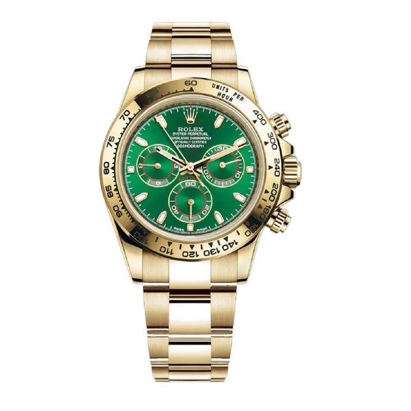 ROLEX PERPETUAL SUPERLATIVE CHRONOMETER OFFICIALLY CERTIFIED COSMOGRAPH DAYTONA WATCH GREEN WITH STAINLESS STEEL GOLD BELT