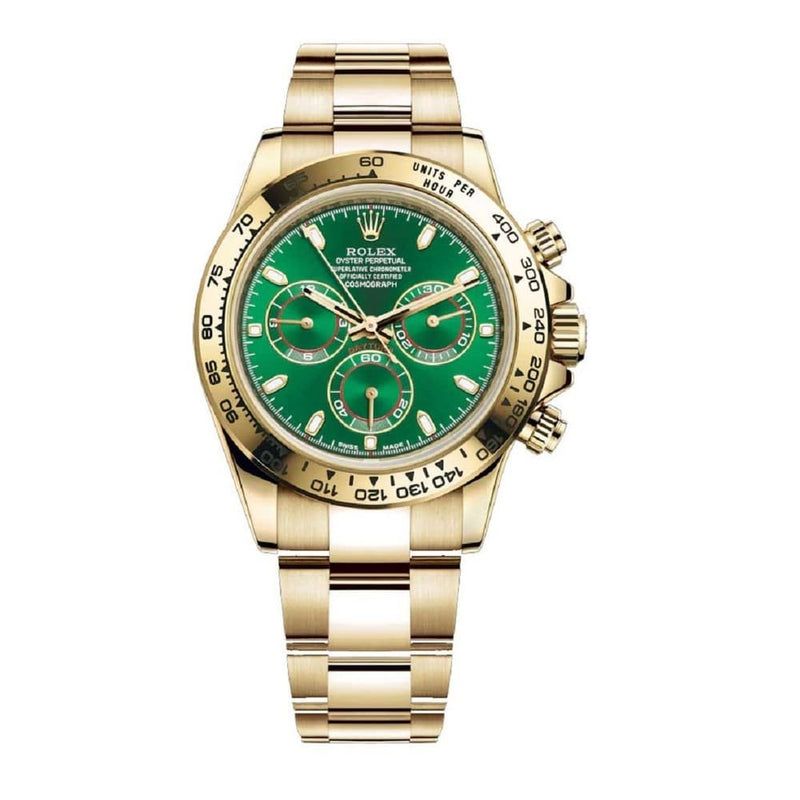 ROLEX PERPETUAL SUPERLATIVE CHRONOMETER OFFICIALLY CERTIFIED COSMOGRAPH DAYTONA WATCH GREEN WITH STAINLESS STEEL GOLD BELT