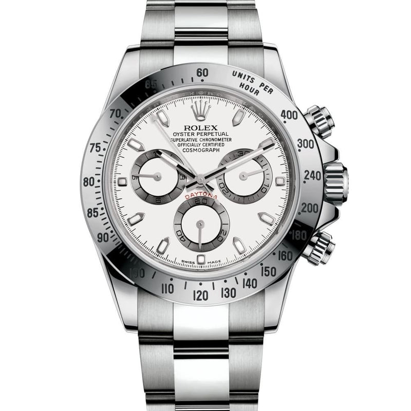 ROLEX PERPETUAL SUPERLATIVE CHRONOMETER OFFICIALLY CERTIFIED COSMOGRAPH DAYTONA WATCH WHITE WITH STAINLESS STEEL SILVER BELT