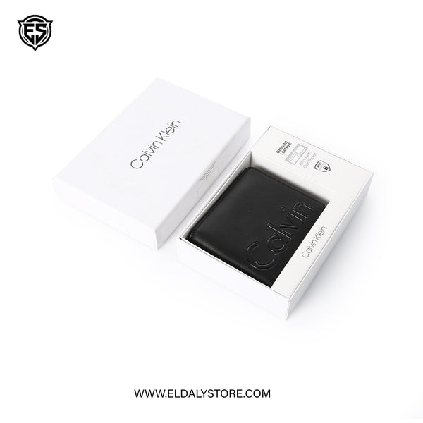 Calvin Klein Men’s Genuine Leather Embossed Logo Bifold Wallet with RFID Protection – Black
