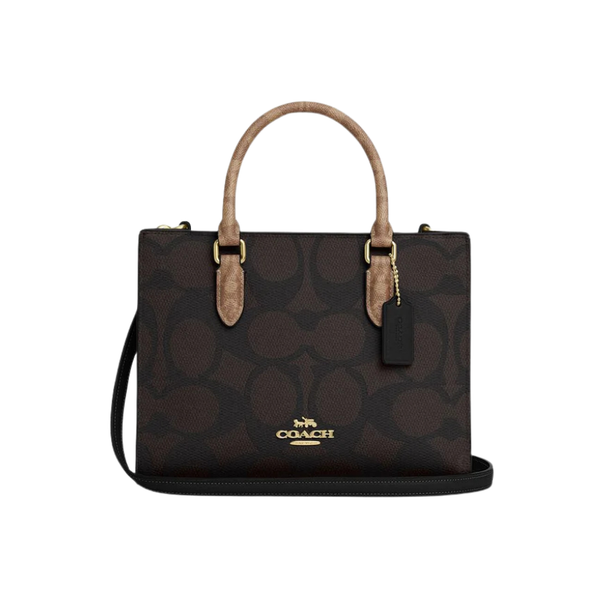 Coach Maggie Small Tote Bag In Blocked Signature Canvas Walnut Tan