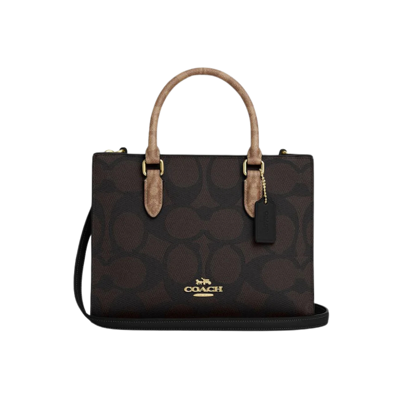 Coach Maggie Small Tote Bag In Blocked Signature Canvas Walnut Tan