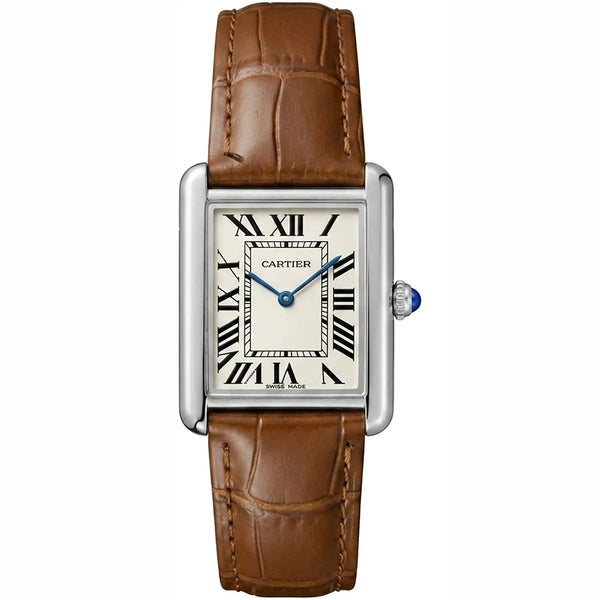 Cartier Men’s Rectangular Cream Dial Watch with Brown Strap