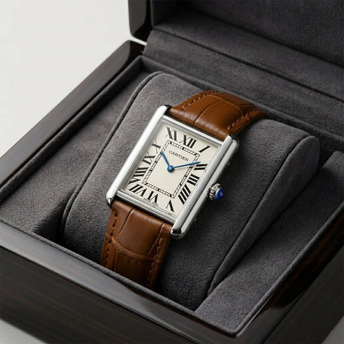 Cartier Men’s Rectangular Cream Dial Watch with Brown Strap