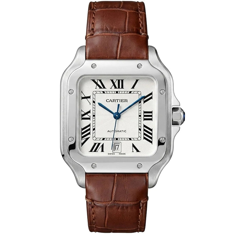 Cartier Men’s White Dial Square Watch with Brown Leather Strap