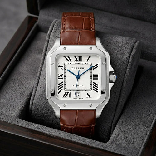 Cartier Men’s White Dial Square Watch with Brown Leather Strap