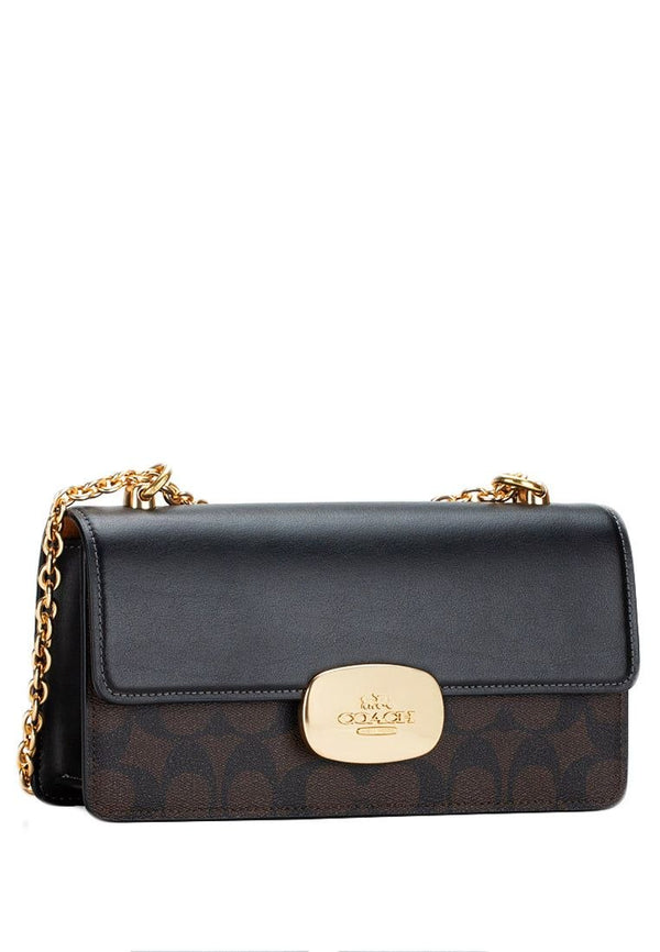 حقيبة Coach Eliza Flap Crossbody Bag من الكانفاس المزيّن بشعار الماركة - بني داكن