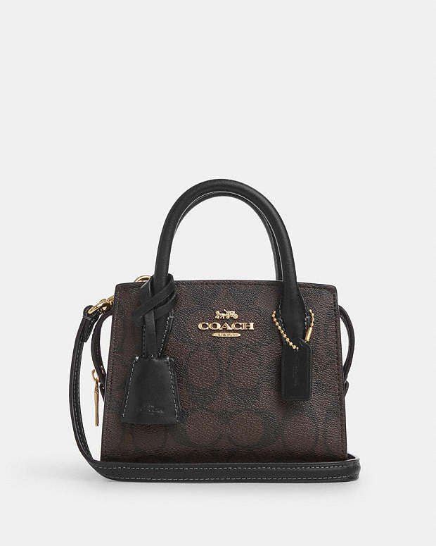 Coach Andrea Mini Carryall bag in signature canvas with wine-colored leather accents, compact and stylish for everyday use.