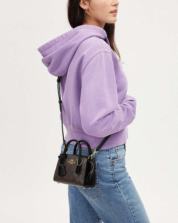 Coach Andrea Mini Carryall bag in signature canvas with wine color, featuring a compact, stylish design with top handles.