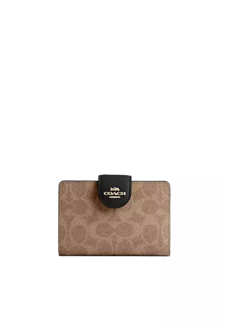 Coach Medium Corner Zip Wallet In Signature Canvas in tan black