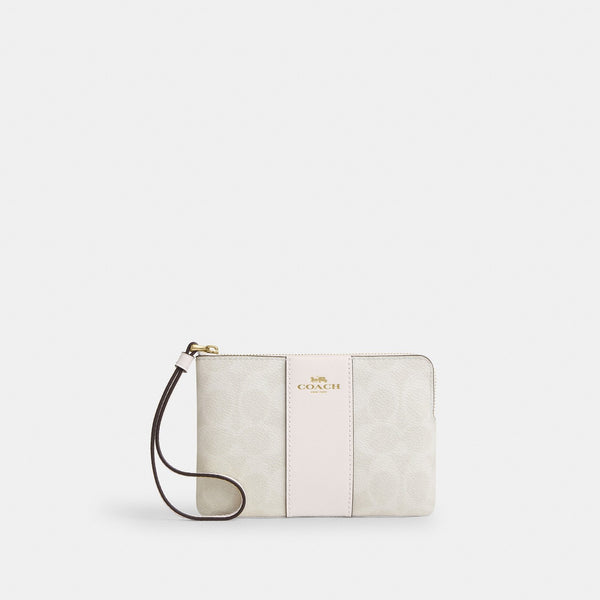 Corner Zip Wristlet In Signature Canvas With Stripe – Gold/White/Chalk