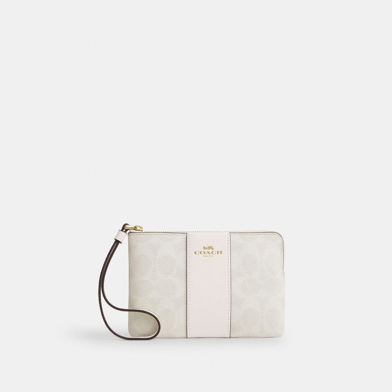 Corner Zip Wristlet In Signature Canvas With Stripe – Gold/White/Chalk