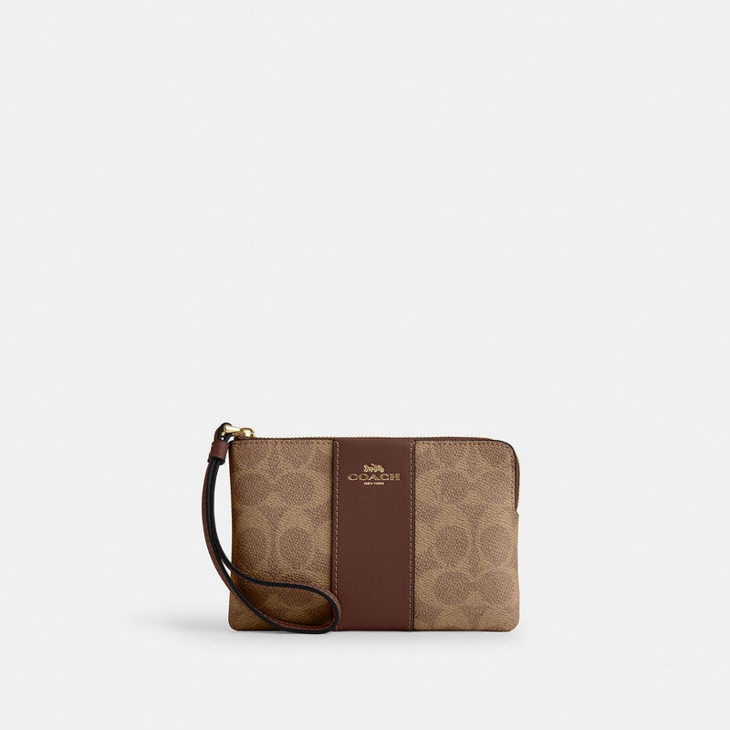 Corner Zip Wristlet In Signature Canvas With Stripe – Gold/Tan/Brown