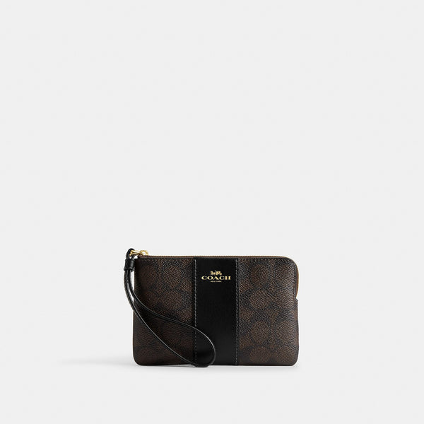 Corner Zip Wristlet In Signature Canvas With Stripe – Gold/Walnut/Black