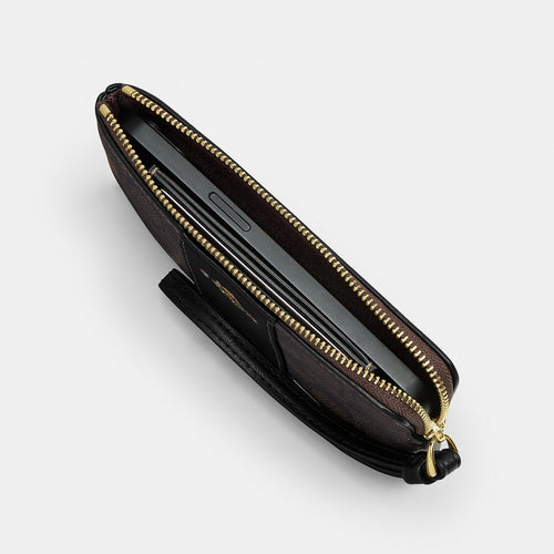 Corner Zip Wristlet In Signature Canvas With Stripe – Gold/Walnut/Black