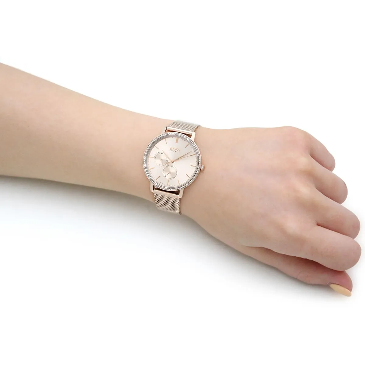 1502519-hugo-boss-watch-women-crystals-rose-gold-dial-metal-stainless-mesh-strap-quartz-battery-analog-three-hand-infinity_10.jbg Hugo Boss Watch For Women 1502519 - Image 10