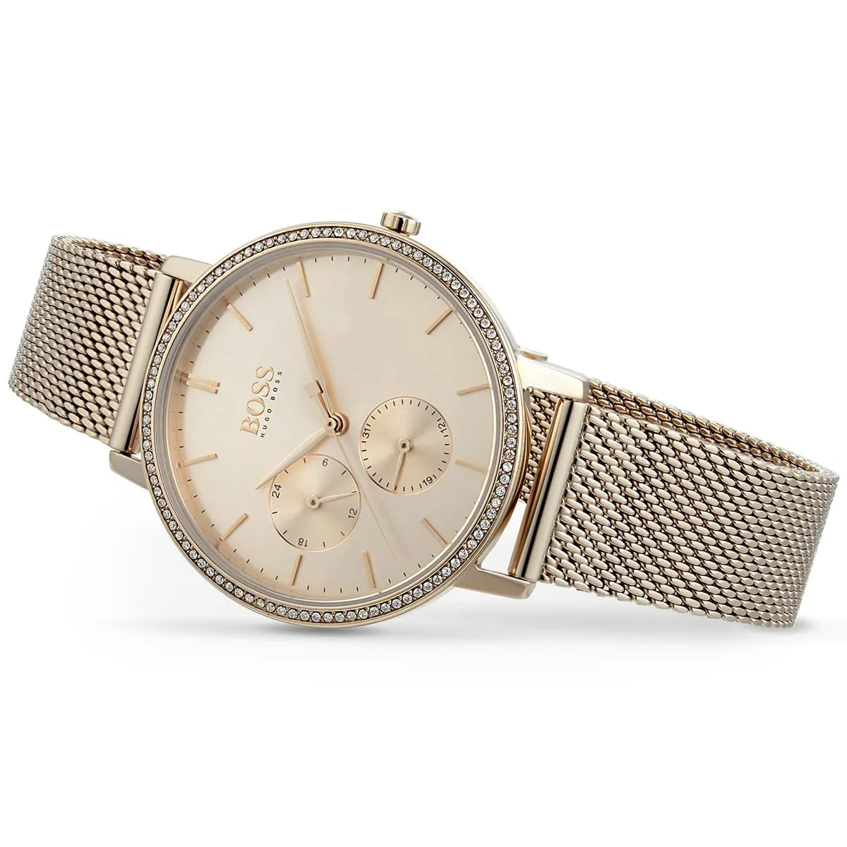 1502519-hugo-boss-watch-women-crystals-rose-gold-dial-metal-stainless-mesh-strap-quartz-battery-analog-three-hand-infinity_8.jbg Hugo Boss Watch For Women 1502519 - Image 8