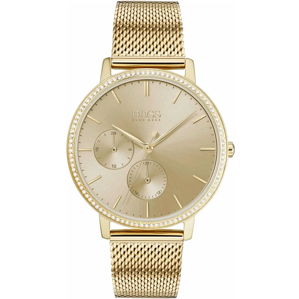 1502520-hugo-boss-watch-women-crystals-gold-dial-metal-stainless-golden-mesh-strap-quartz-battery-analog-three-hand-infinity.jbg Hugo Boss Watch For Women 1502520 - Image 1