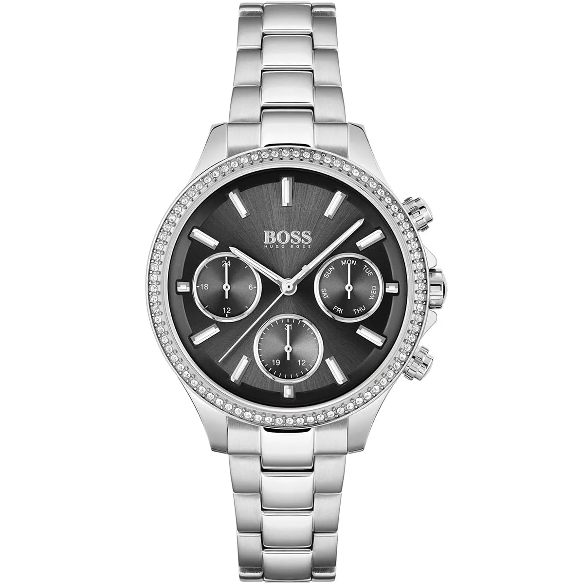 1502593-hugo-boss-watch-women-crystals-black-dial-metal-stainless-silver-strap-quartz-battery-analog-three-hand-hera.jbg Hugo Boss Watch For Women 1502593 - Image 1