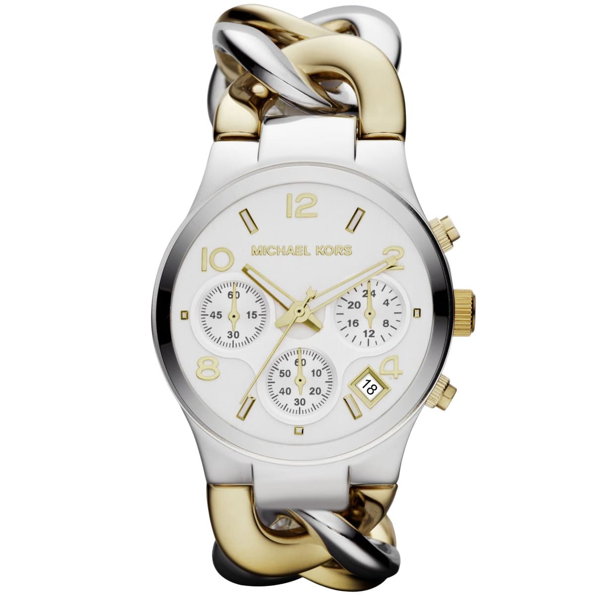 mk3199-michael-kors-watch-women-white-dial-stainless-steel-metal-silver-gold-two-tone-strap-quartz-analog-chronograph-runway Michael Kors Watch For Women MK3199 - Image 1