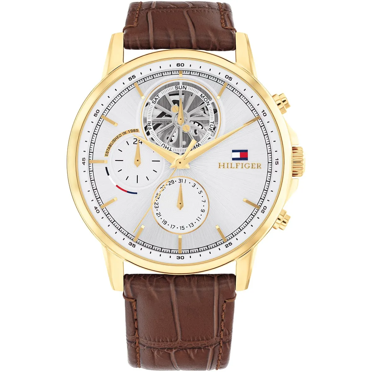 1710631-tommy-hilfiger-watch-established-in-1985-men-silver-dial-leather-brown-strap-quartz-analog-stewart.jbg Tommy Hilfiger Watch For Men 1710631 - Image 1