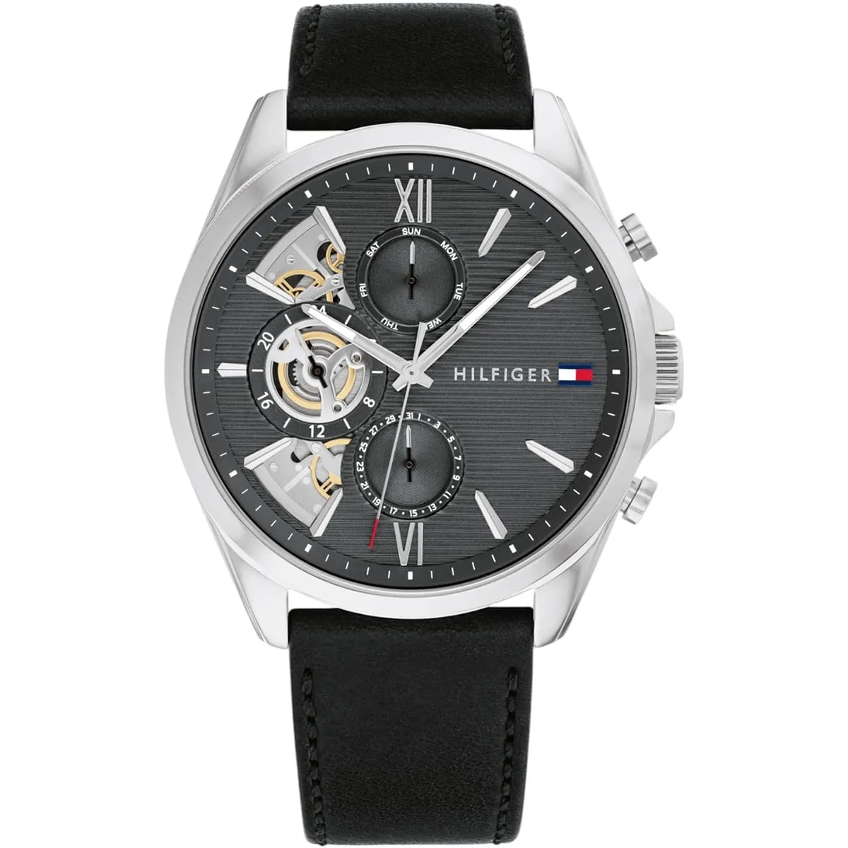 1710644-tommy-hilfiger-watch-men-gray-dial-leather-black-strap-quartz-analog-baker.jbg Tommy Hilfiger Watch For Men 1710644 - Image 1
